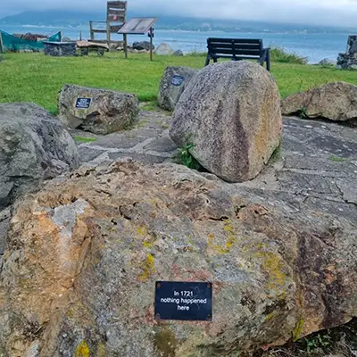 rocks on grass near the shore