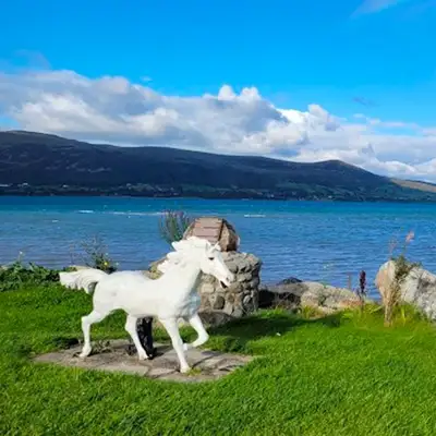 a horse statue on the shore
